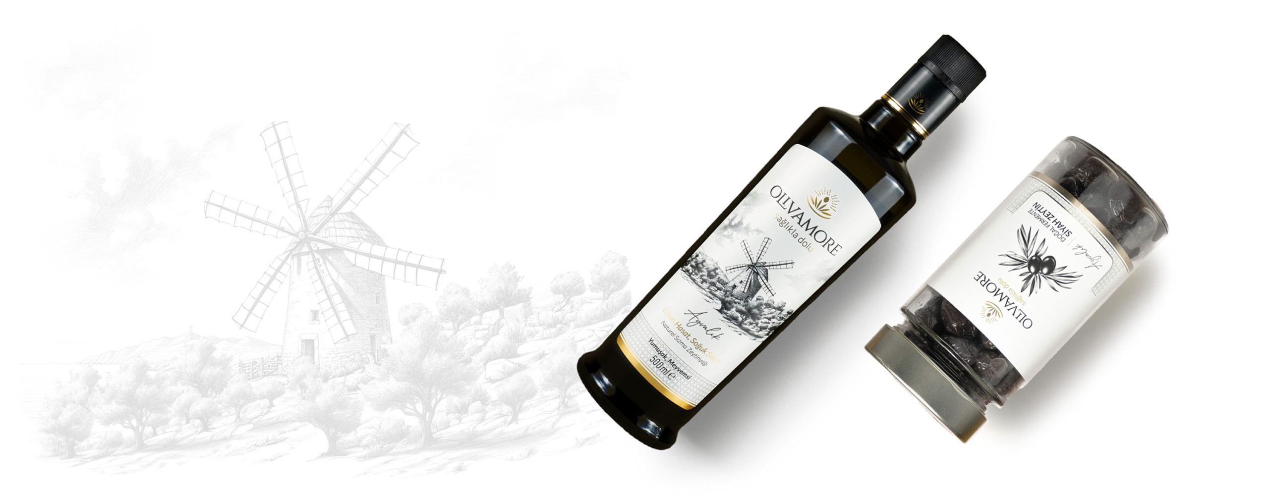 Olivamore bottle and naturally fermented black olives, windmill engraving
