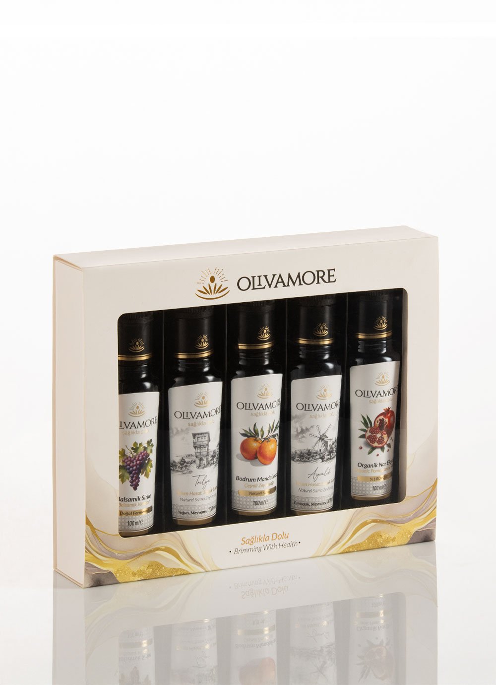 Olivamore 5'li hediye seti, Ayvalık, Bodrum, Balsamik, Nar, Trilye (100 ml × 5)